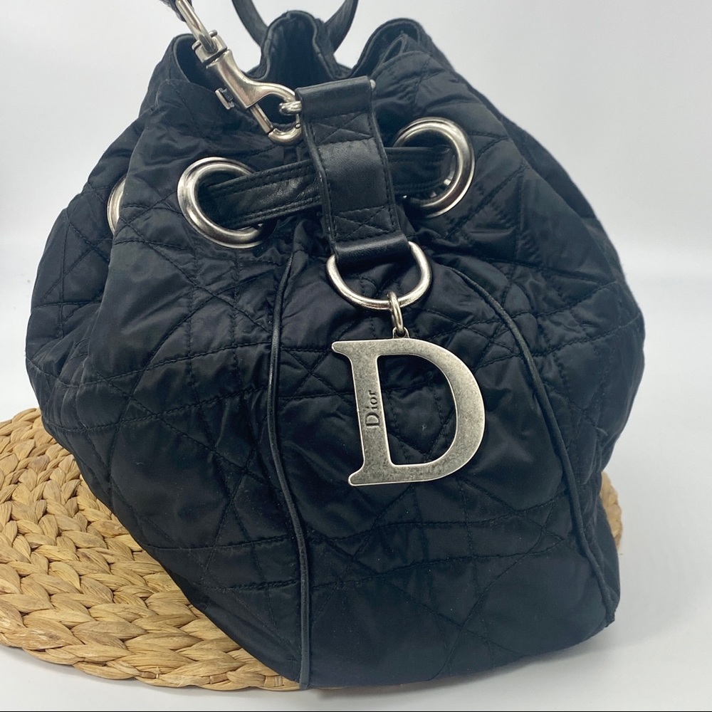 CHRISTIAN DIOR BLACK SATIN LEATHER CANAGE SHOULDER DRAWSTRING HOBO BAG LARGE - Picture 2 of 9